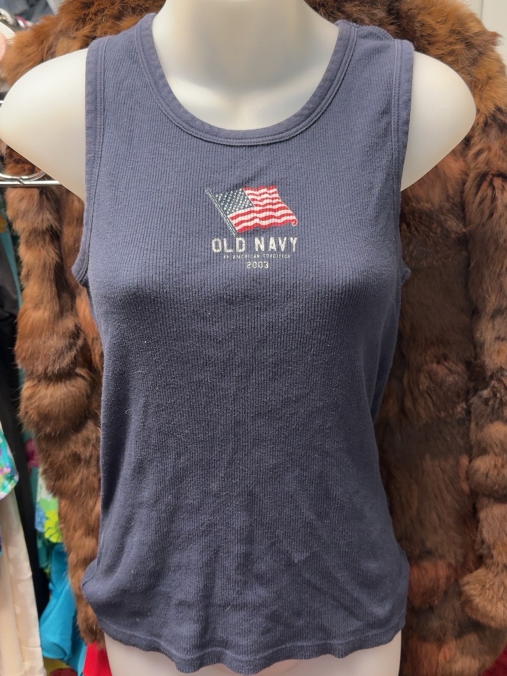Y2K 2003 Old Navy Navy Ribbed Tank with Flag Graphic
